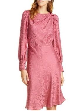 Rebecca Taylor Silk Blend Swirl Jacquard Dress Pink Long Sleeve A-Line Sz 2